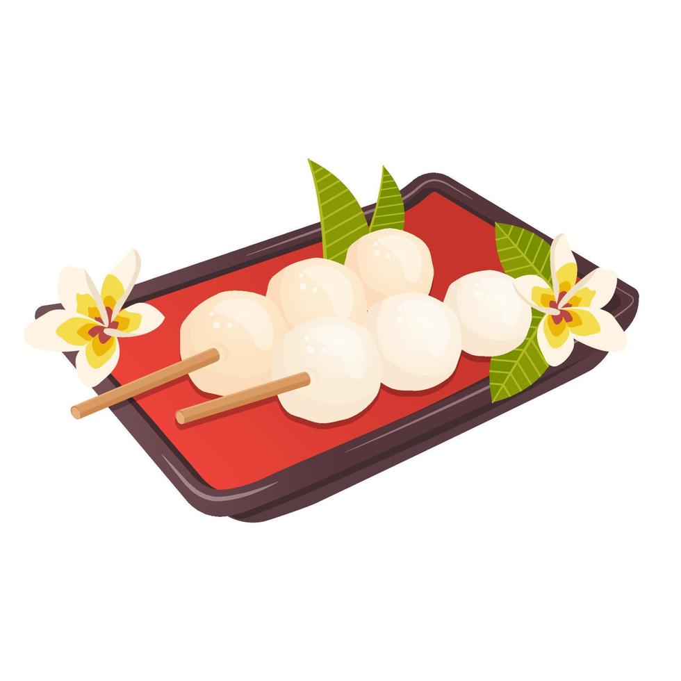 Rice balls skewered to stick on porcelain plate with cherry blossoms. Japanese dango. Asian sweet. Vector flat drawn illustration for restaurant dishes, menu, dessert, cooking concept
