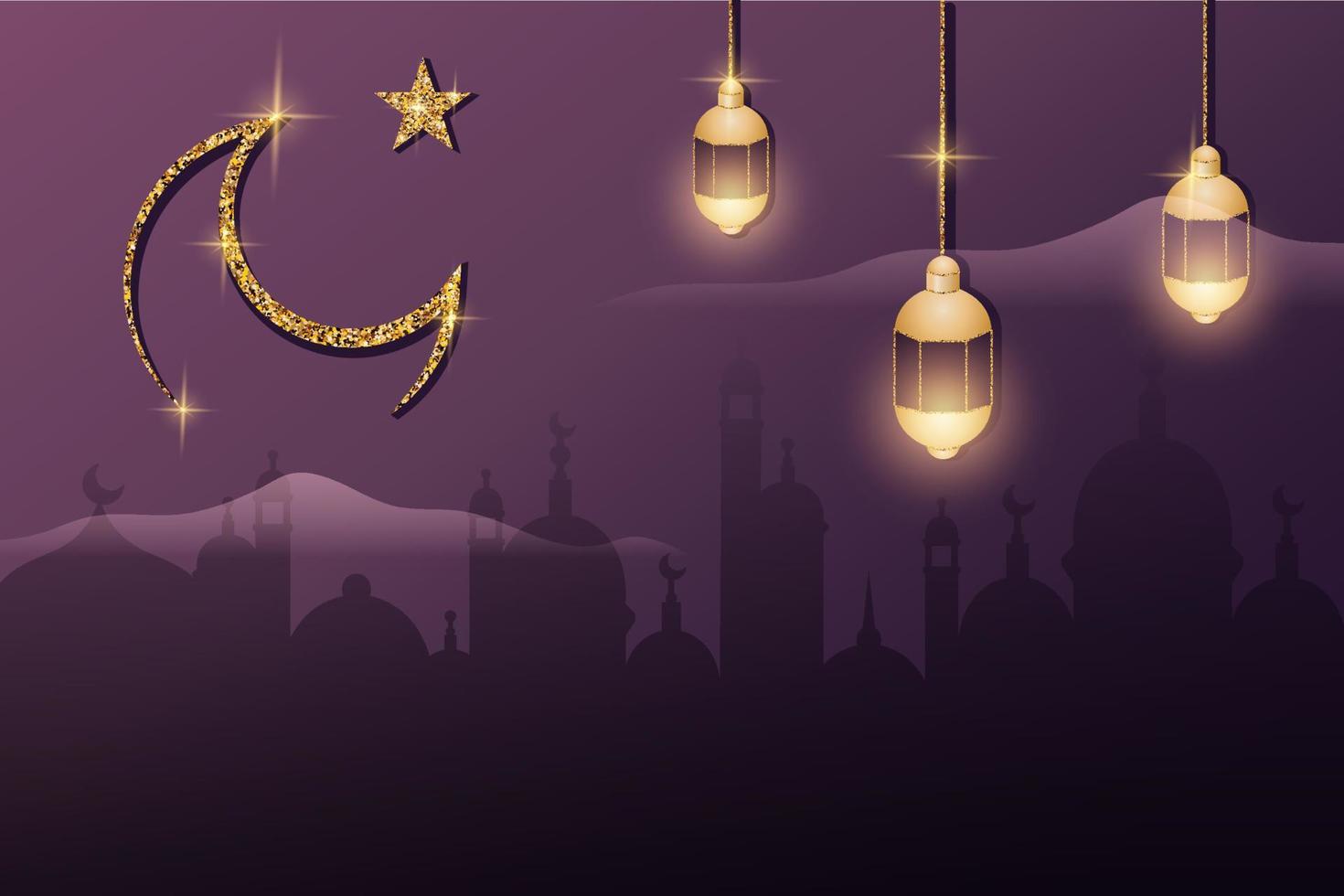 3d banner for celebration Holy Month of Muslim Community. Religion concept. Islamic mosque silhouette with gold moon, lantern. Eid mubarak greeting card. Vector illustration in realistic style