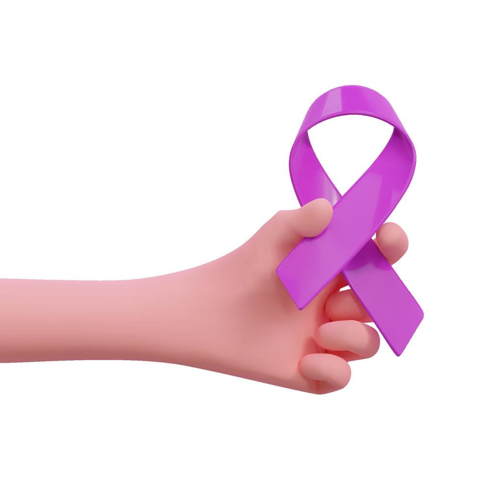 3d hand holding lavender purple ribbon. World Cancer Day concept, February 4. Raise awareness, prevention, detection, treatment. Icon design banner. Vector illustration isolated on white background