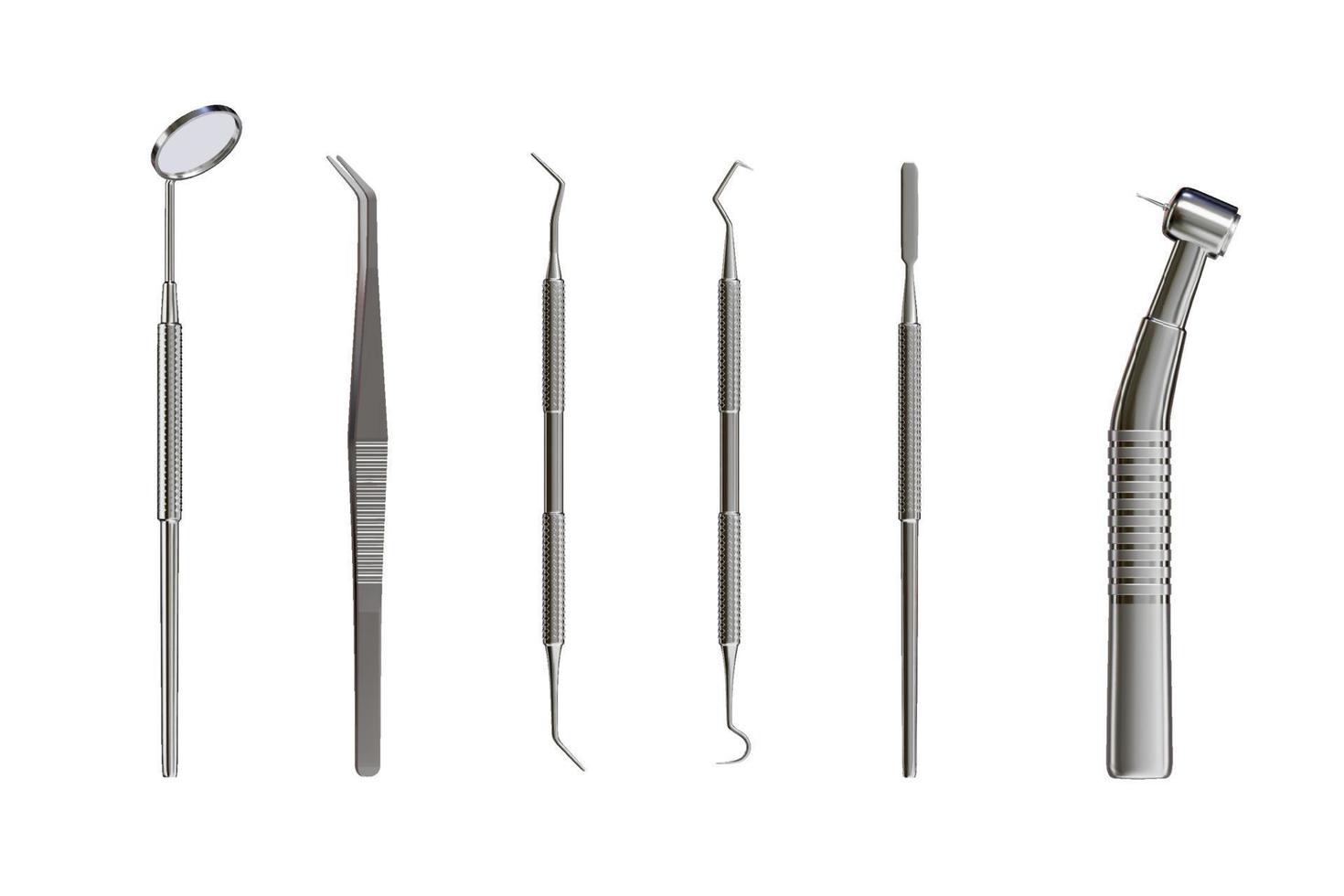 3d realistic professional dental tools set for dentistry inspection. Teeth care, health concept. Basic metal medical equipment, instrument top view. Vector illustration isolated on white background