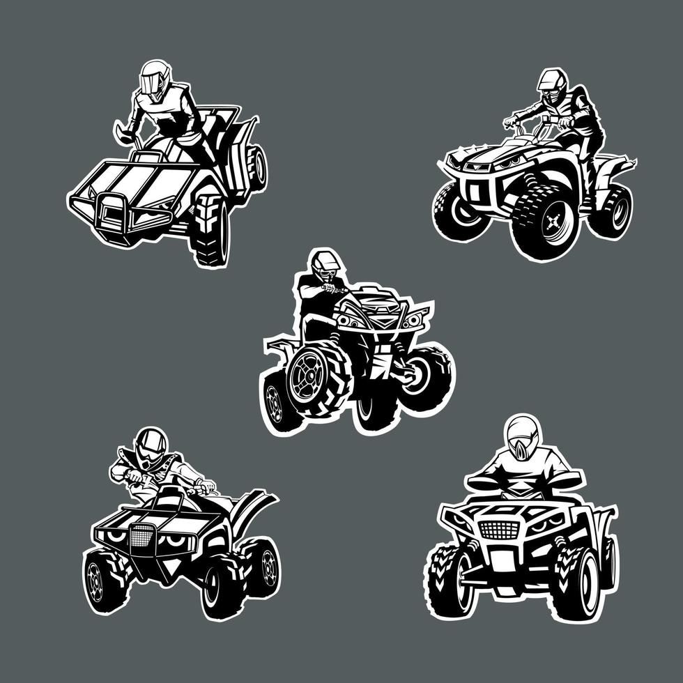 Set of five one color quad bikes in different angles on dark background. vector