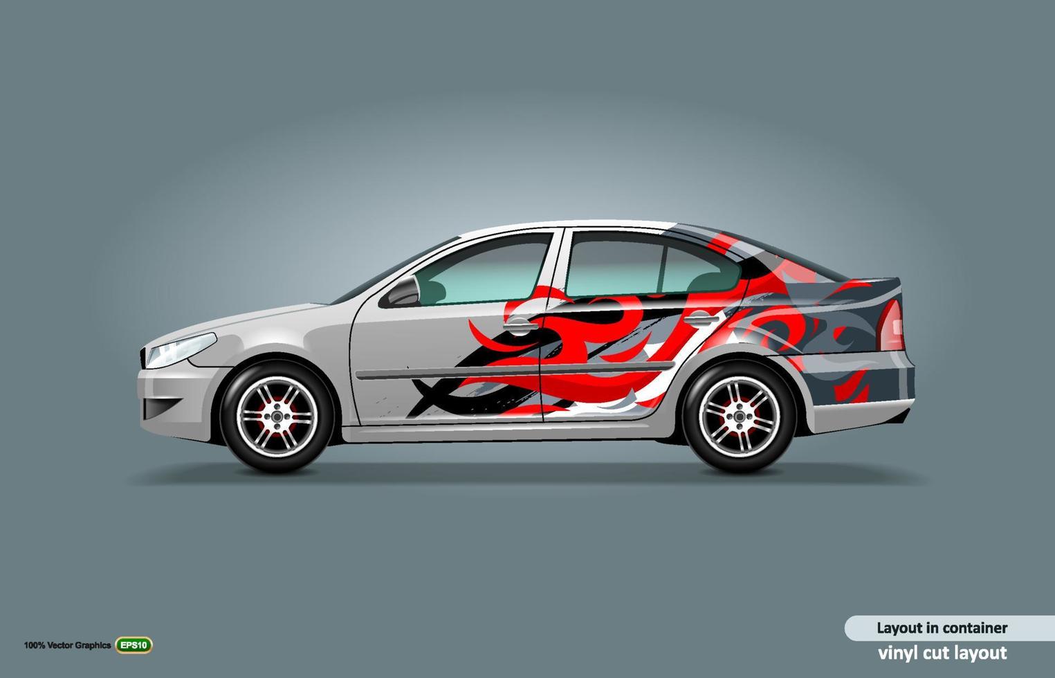 Car decal wrap design with abstract flame theme on metalic sedan car. vector