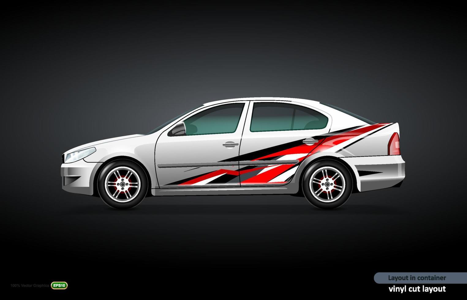 Car decal wrap design with abstract dinamic theme on metalic sedan car. vector