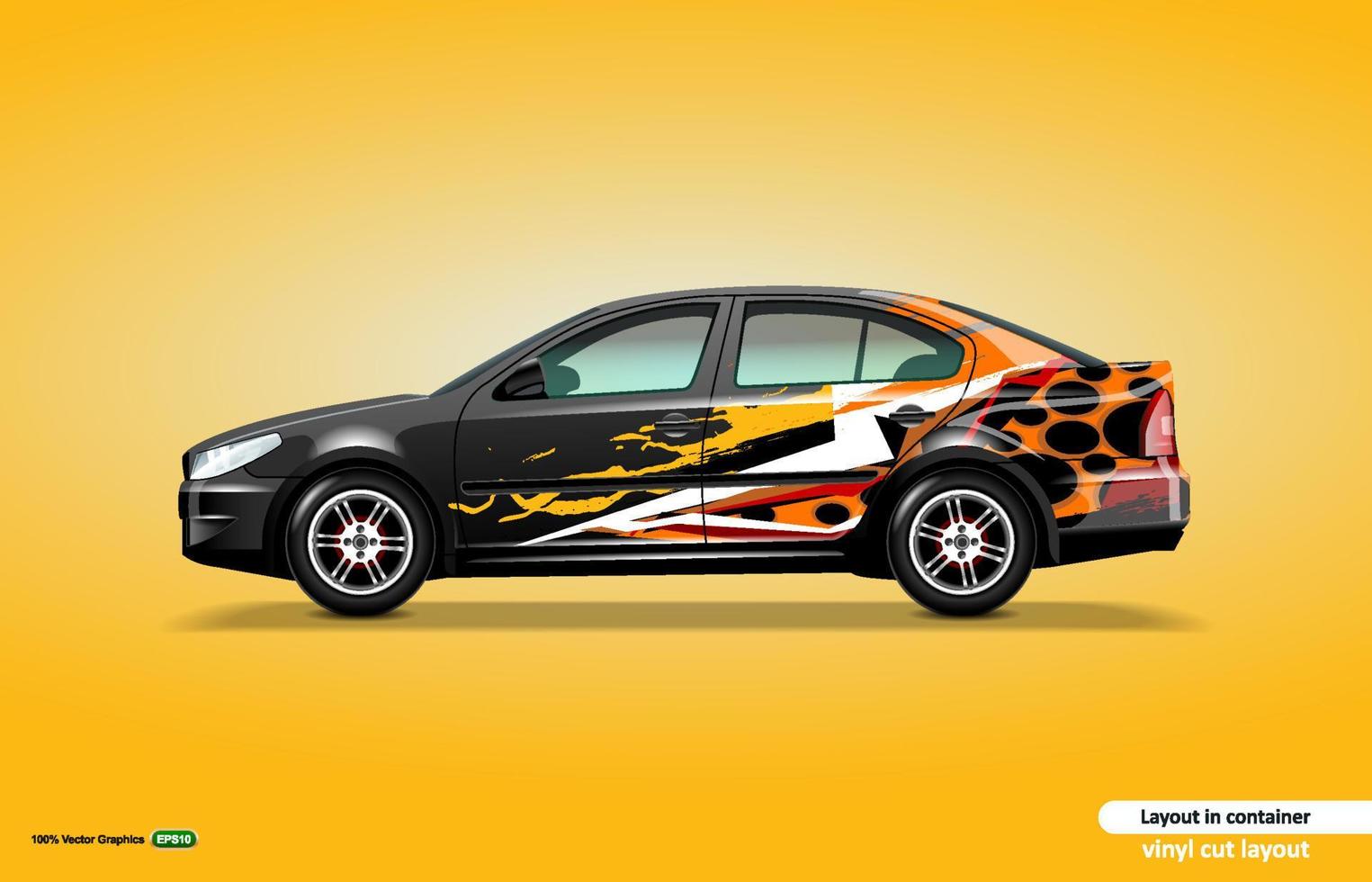Car decal wrap design with abstract color theme on black sedan car. vector