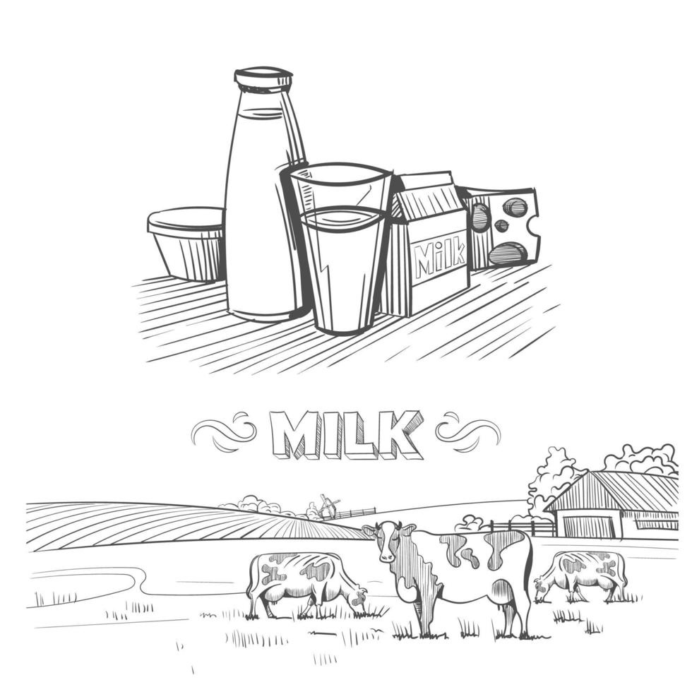 Set of hand drawings on milk theme. vector