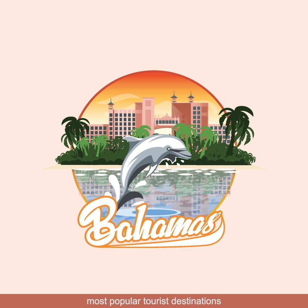 ilustración de las bahamas con un delfín jugando y hoteles en el fondo. vector