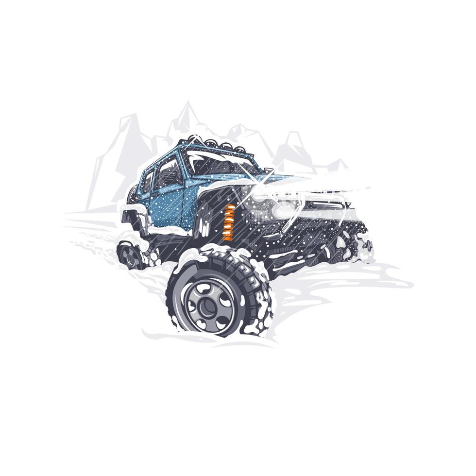 Blue off-road car overcomes the difficulties in the snowy winter. vector