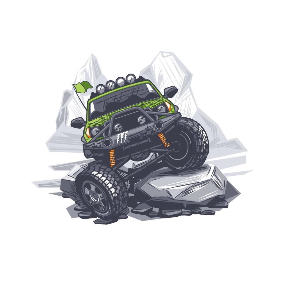 Off Road car goes through difficult obstacles in the mountains. vector
