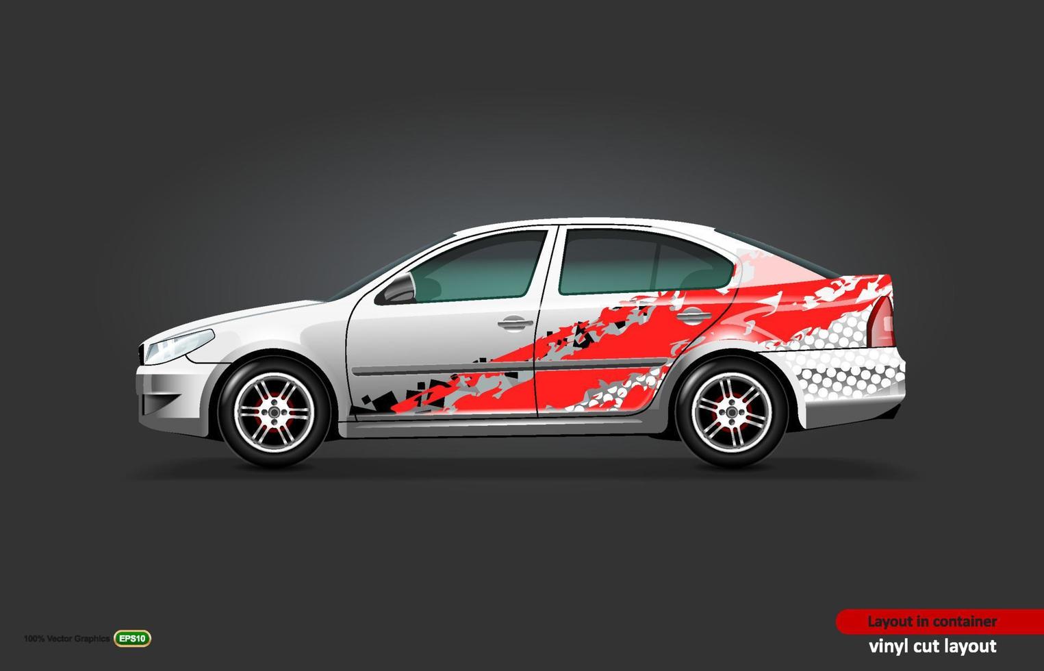 Car decal wrap design with abstract theme on metalic sedan car. vector