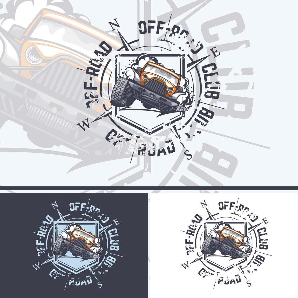 logotipo de camión todoterreno con una brújula en el fondo para imprimir en camisetas. vector