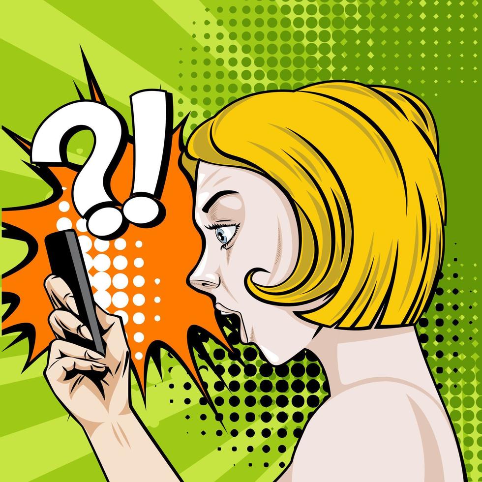 Blonde with a surprised face looking at a smartphone, drawing in profile, comic book style vector