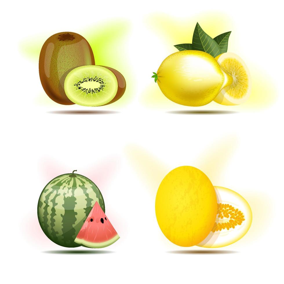 conjunto de bayas y frutas, kiwi, limón, sandía y melón. vector