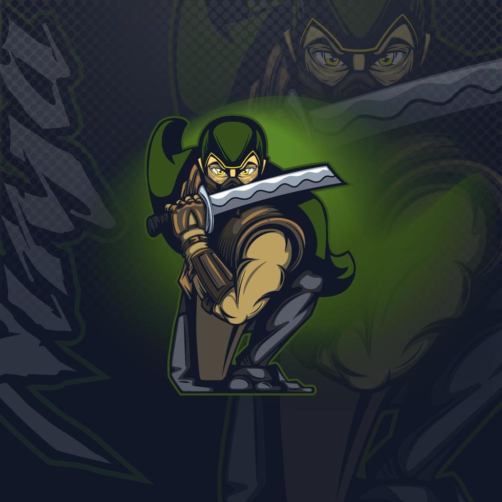 logotipo de mascota ninja en una pose de ataque sobre un fondo oscuro. vector