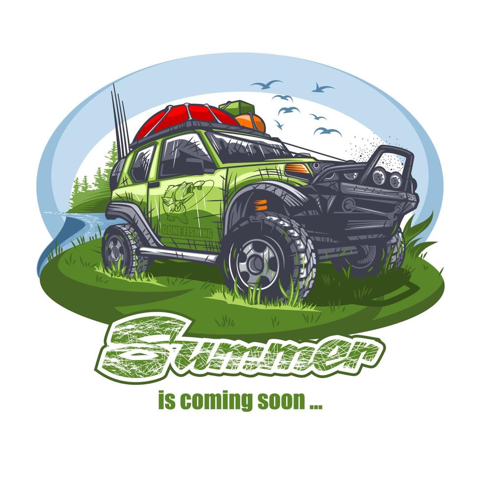 Green off-road car with luggage on the roof near the lake with the inscription. Can be printed on T-shirts. vector