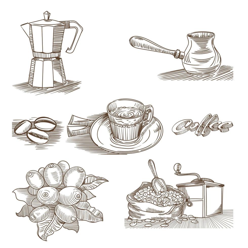 conjunto de dibujos a mano sobre el tema del café. vector