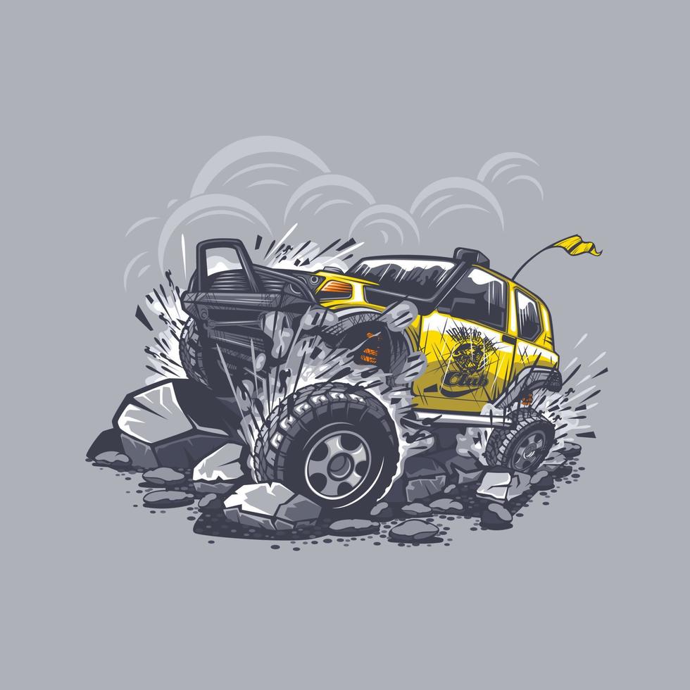 Off-road car on a gray background fights with obstacles from stones in the mountains. Can be printed on T-shirts. vector