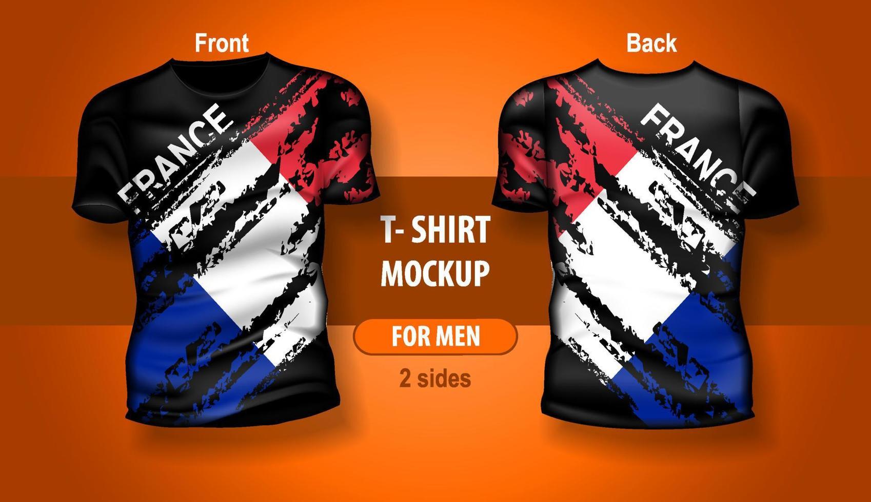 T-shirt for man front and back with France flag. Mock-up for double-sided printing. vector