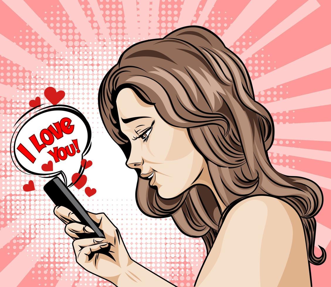 Drawing in a comic book style of a girl in profile with a smartphone received SMS from her beloved vector