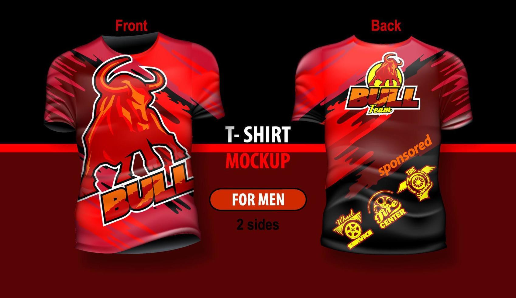 T-shirt for man front and back with Bull on red background. Mock-up for double-sided printing, layered and editable. vector