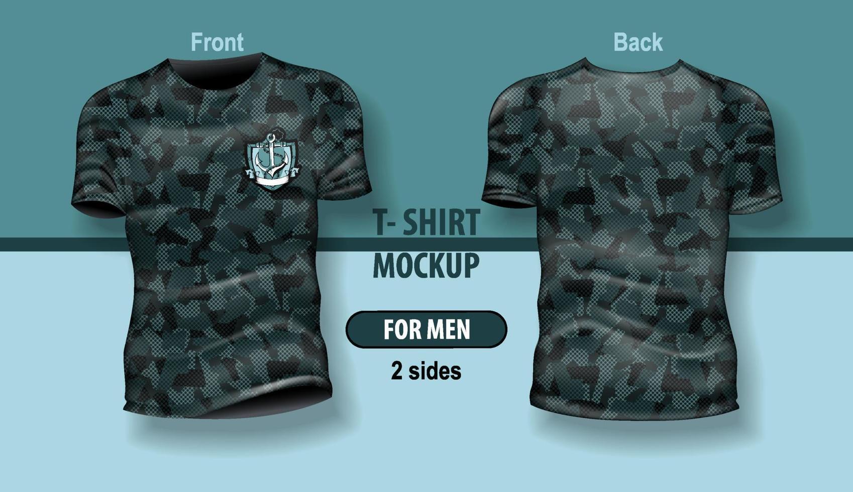 camiseta de hombre estampado camuflaje azul delante y detrás. maqueta para impresión a doble cara, en capas y editable. vector