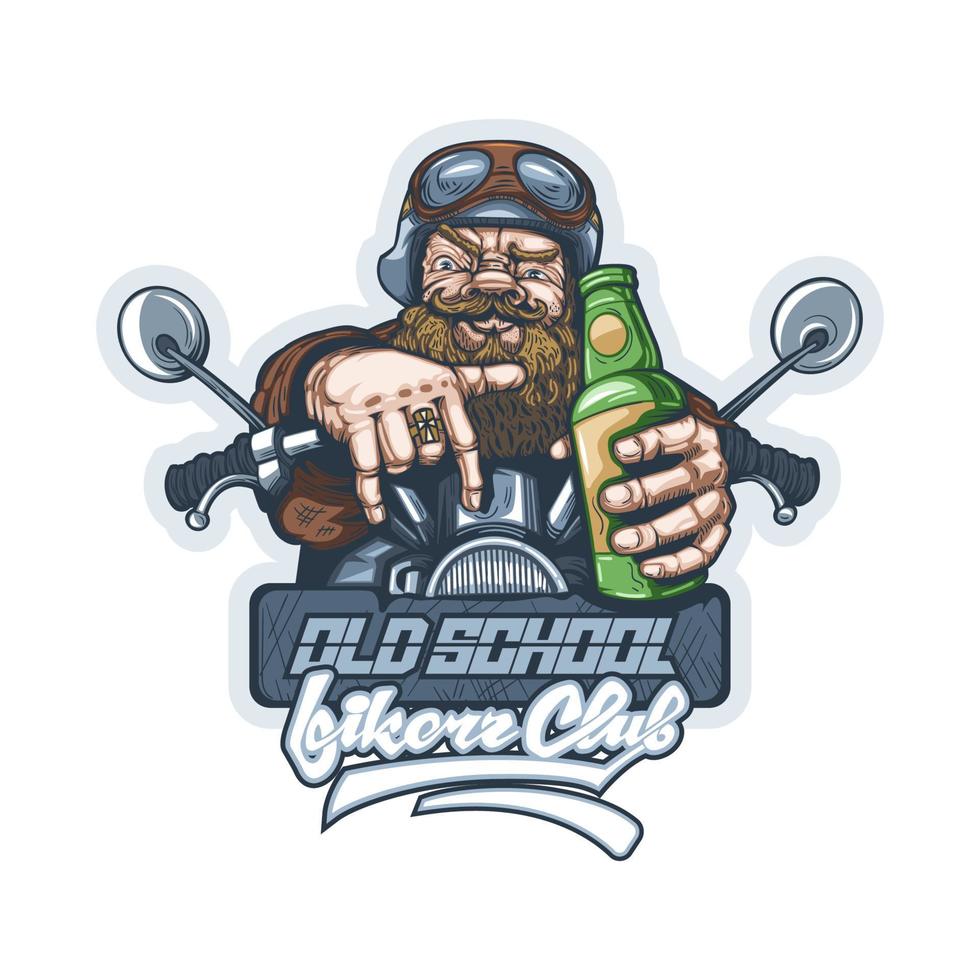Drawing of an old biker on a motorcycle with a bottle of beer in his hand. Can be printed on T-shirts. vector