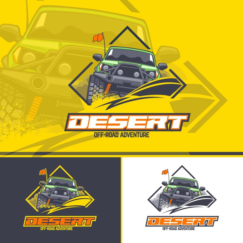 Off-road car logo in three versions on a yellow, dark and white background. vector