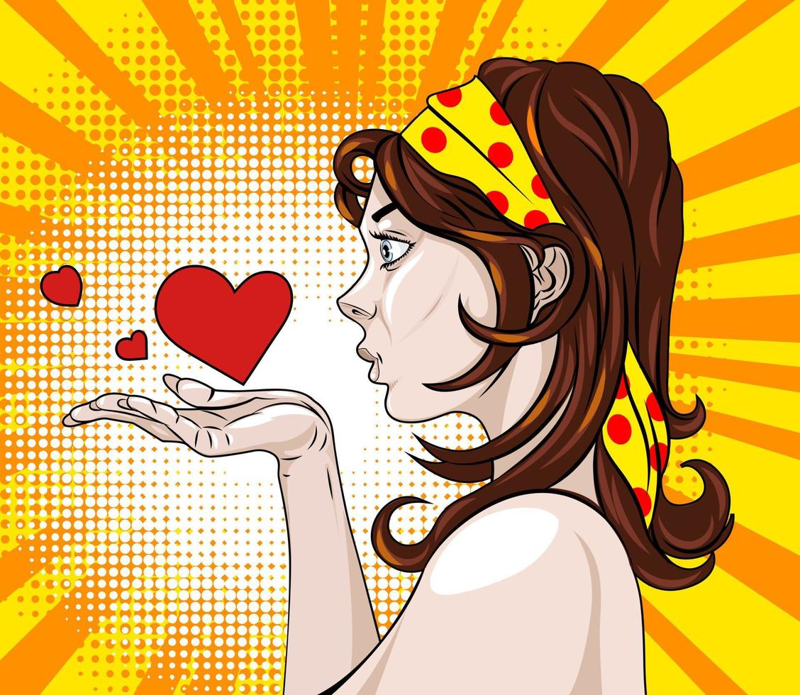 Brunette in profile sending air hearts, comic book style vector