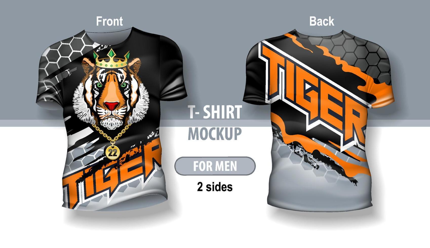 T-shirt for man front and back with Tiger head on abstract background. Mock-up for double-sided printing. vector