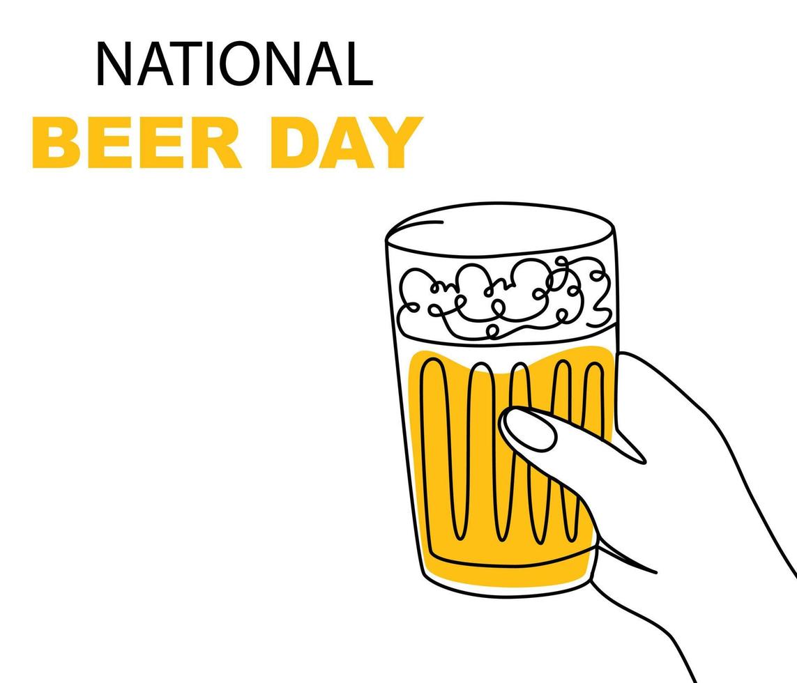 Hand hold Mug of beer. National Beer day. Perfect for bar, menu, banner, poster. Hand drawn vector illustration isolated on the white background.