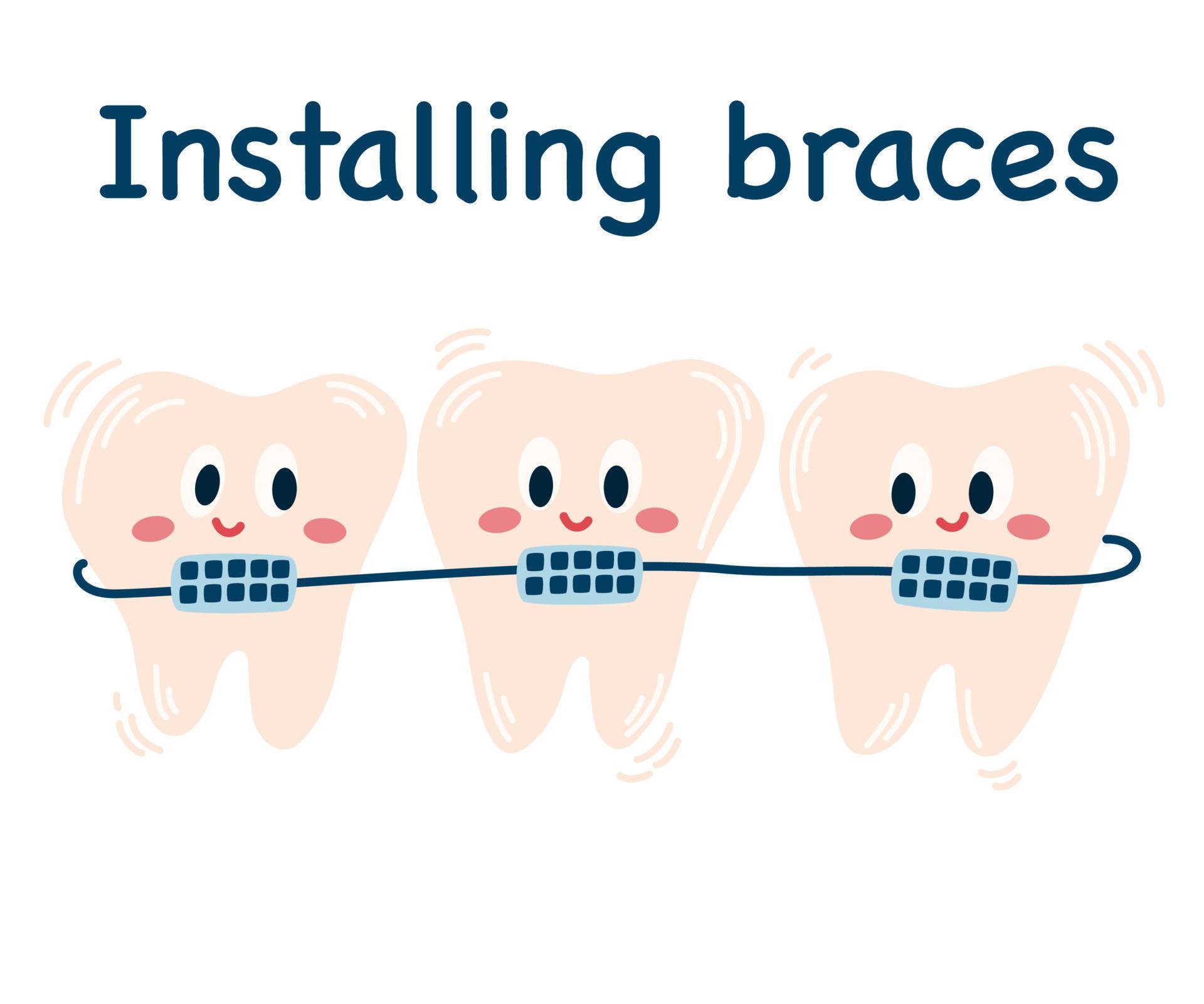 Installing braces. Cute cartoon teeth with braces. Cheerful icons
