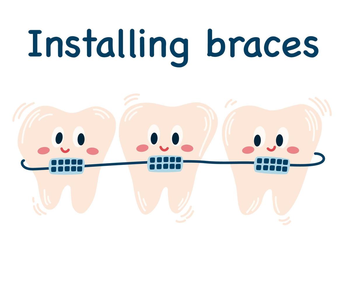 instalación de aparatos ortopédicos. lindos dientes de dibujos animados con aparatos ortopédicos. iconos alegres. enderezar los dientes. corrección de byte. odontología. ortodoncia. cuidado dental. tirantes metálicos. diente derecho. ilustración vectorial vector