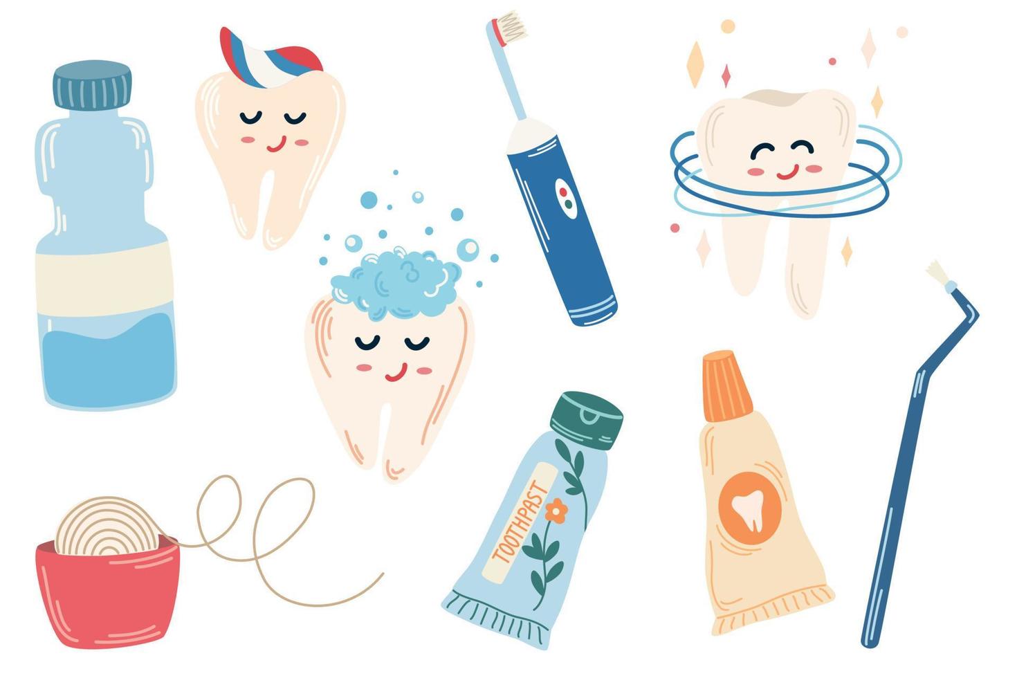 Cleaning teeth. Set of teeth cleaning, toothpaste, brush, floss, happy teeth. Dental and oral care abstract concept. Cartoon contemporary flat vector illustration