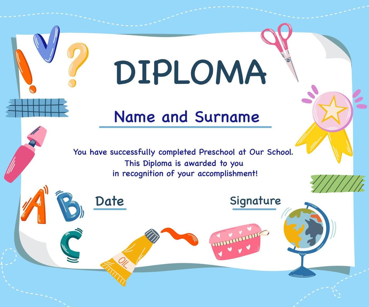 Kindergarten diploma. Colorful school and preschool diploma certificate for kids and children in kindergarten or primary grades with doodle elements. Vector cartoon flat illustration