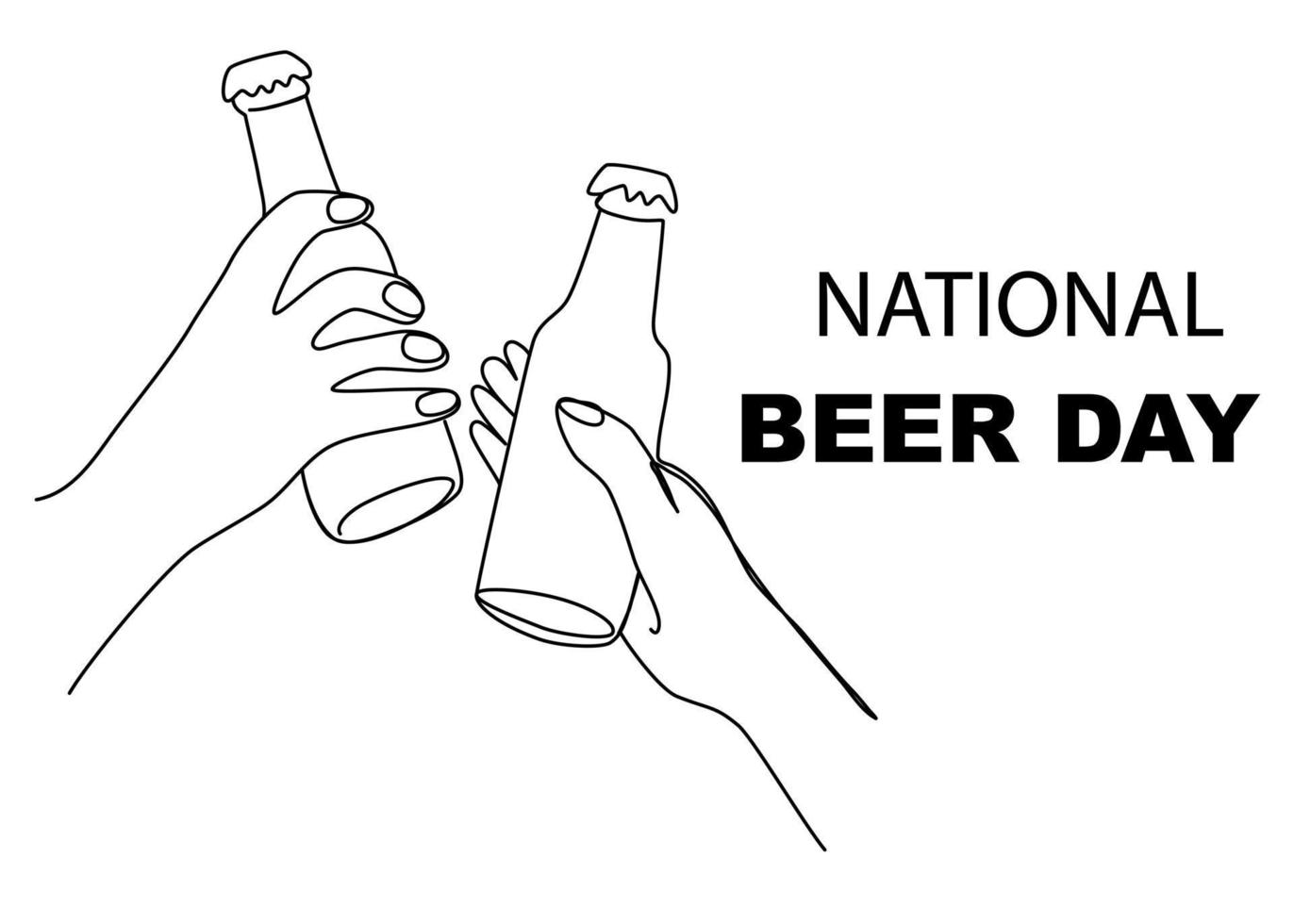 Two hands clink beer bottles. National Beer day. Hand drawn one line art vector illustration isolated on the white background.