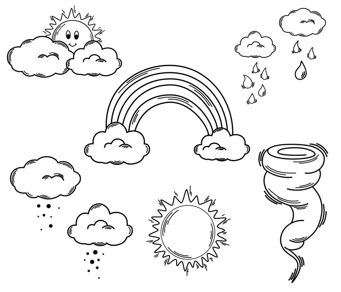 Weather doodle set. Sun, clouds, Rainbow, hurricane, snow, rain thunderstorm. Weather forecast. Hand drawn vector illustration isolated on the white background.