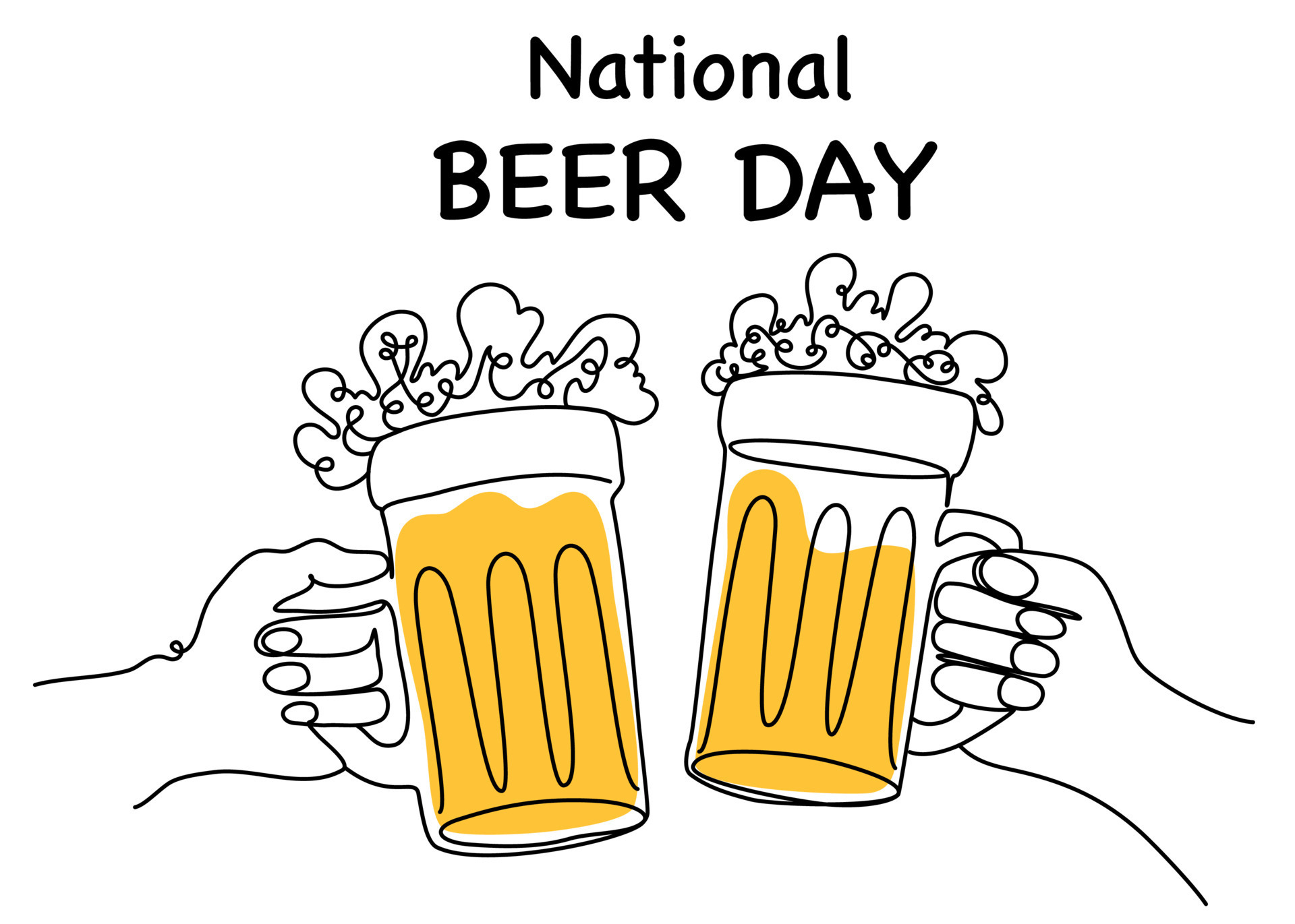 National Beer day. Two hands clink glasses with beer. Beer mugs one
