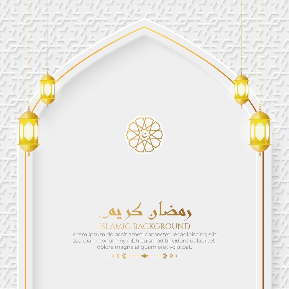 Ramadan Kareem Islamic Arch Elegant White and Golden Luxury Background with Decorative Lanterns vector