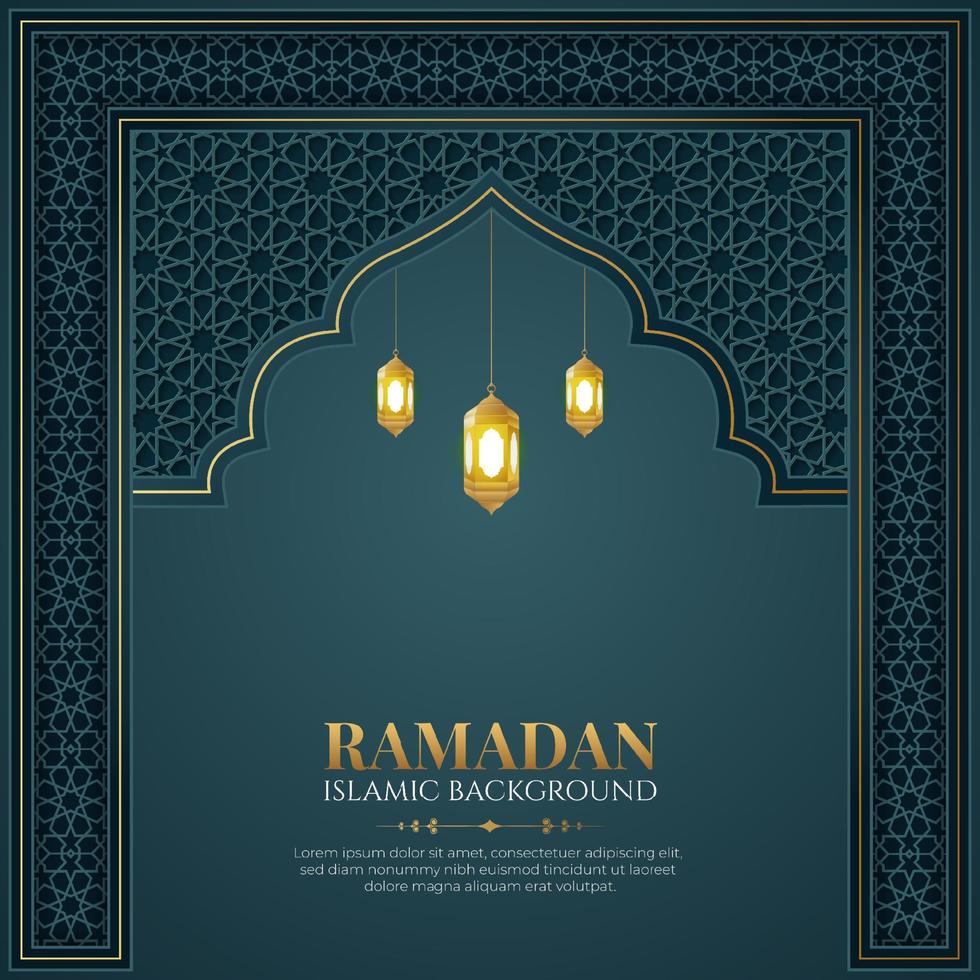 fondo de patrón de arco islámico de lujo azul ramadan kareem con linternas de adornos decorativos vector