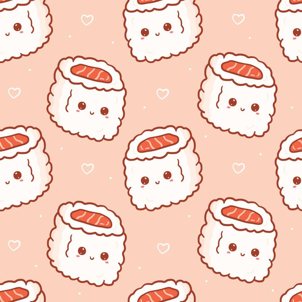 Kawaii seamless pattern with sushi roll with happy face. Cute print asian food in cartoon style for phone case, backgrounds, fashion, wrapping paper and textile. Vector Illustration