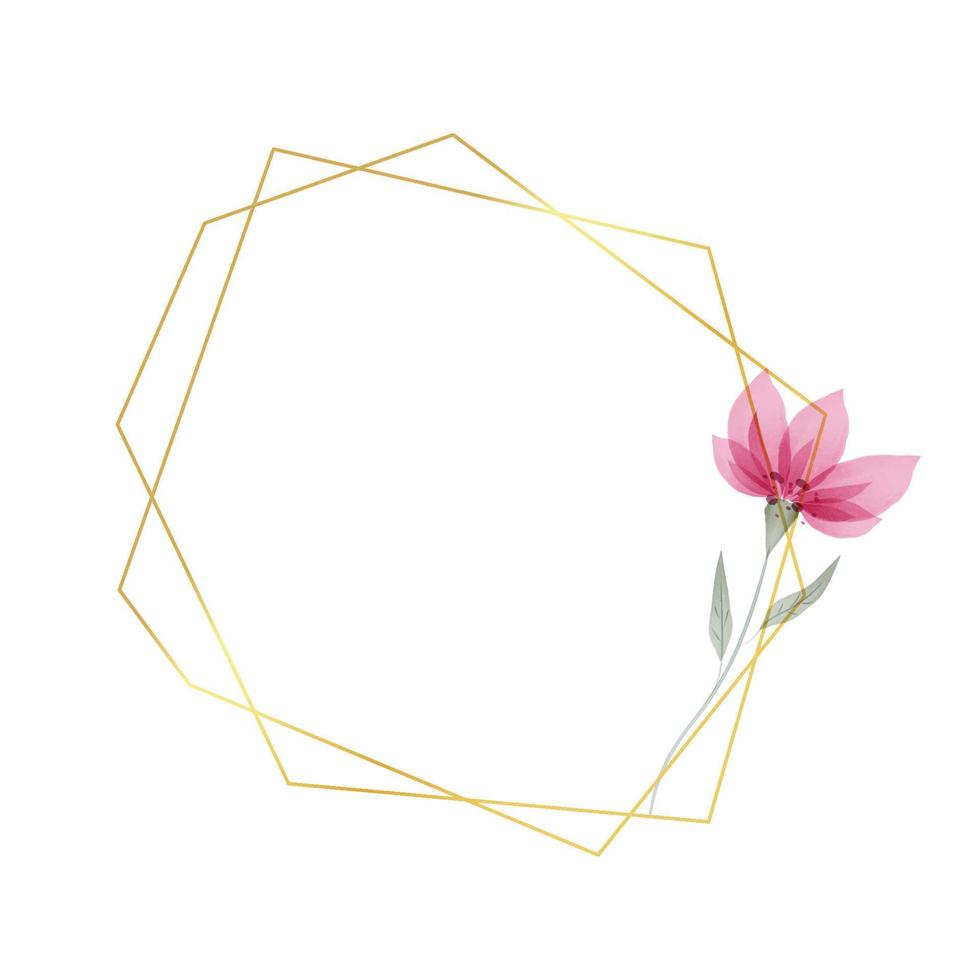 Golden geometric frame with flower in watercolor style. Luxury polygonal frame for decoration valentine's day, wedding invitations, greeting cards. Vector illustration isolated on white background