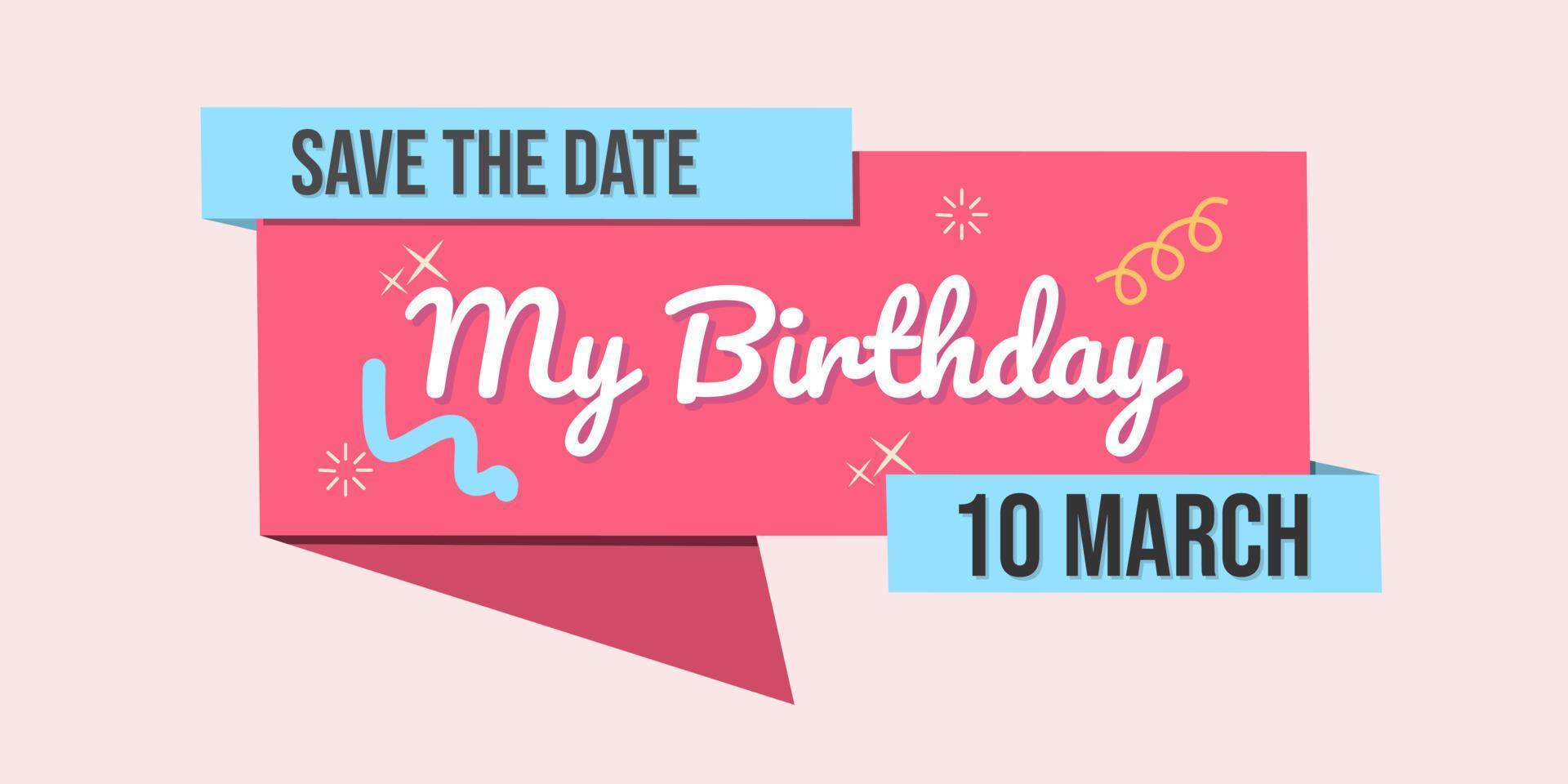 pegatina de invitación de cumpleaños. guardar el texto de la fecha. cinta de fondo de color rosa vector