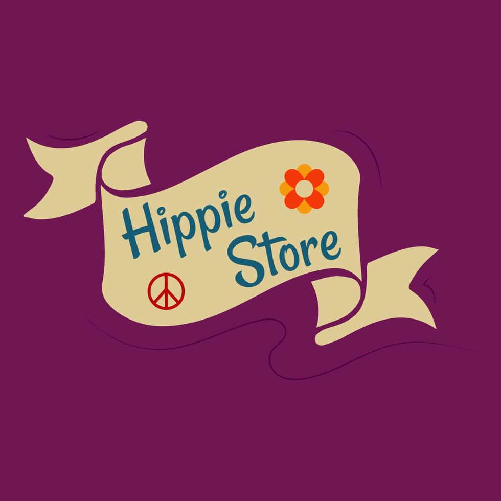 marco, telón de fondo, icono al estilo de un hippie con tienda de texto hippie y signo de paz y flor en estilo retro vector