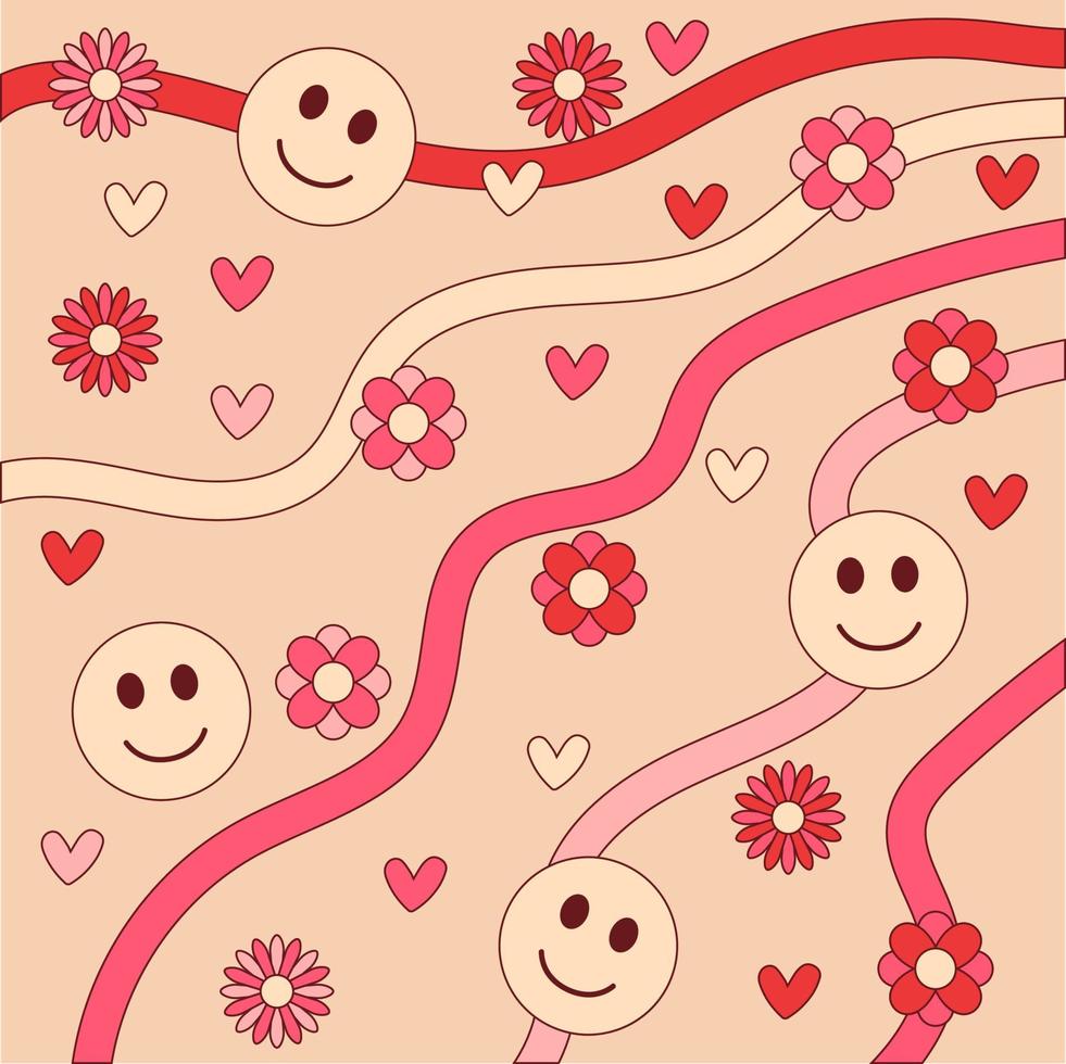 Backdrop with flowers, emoticons and hearts, in the style in hippie style on beige background vector