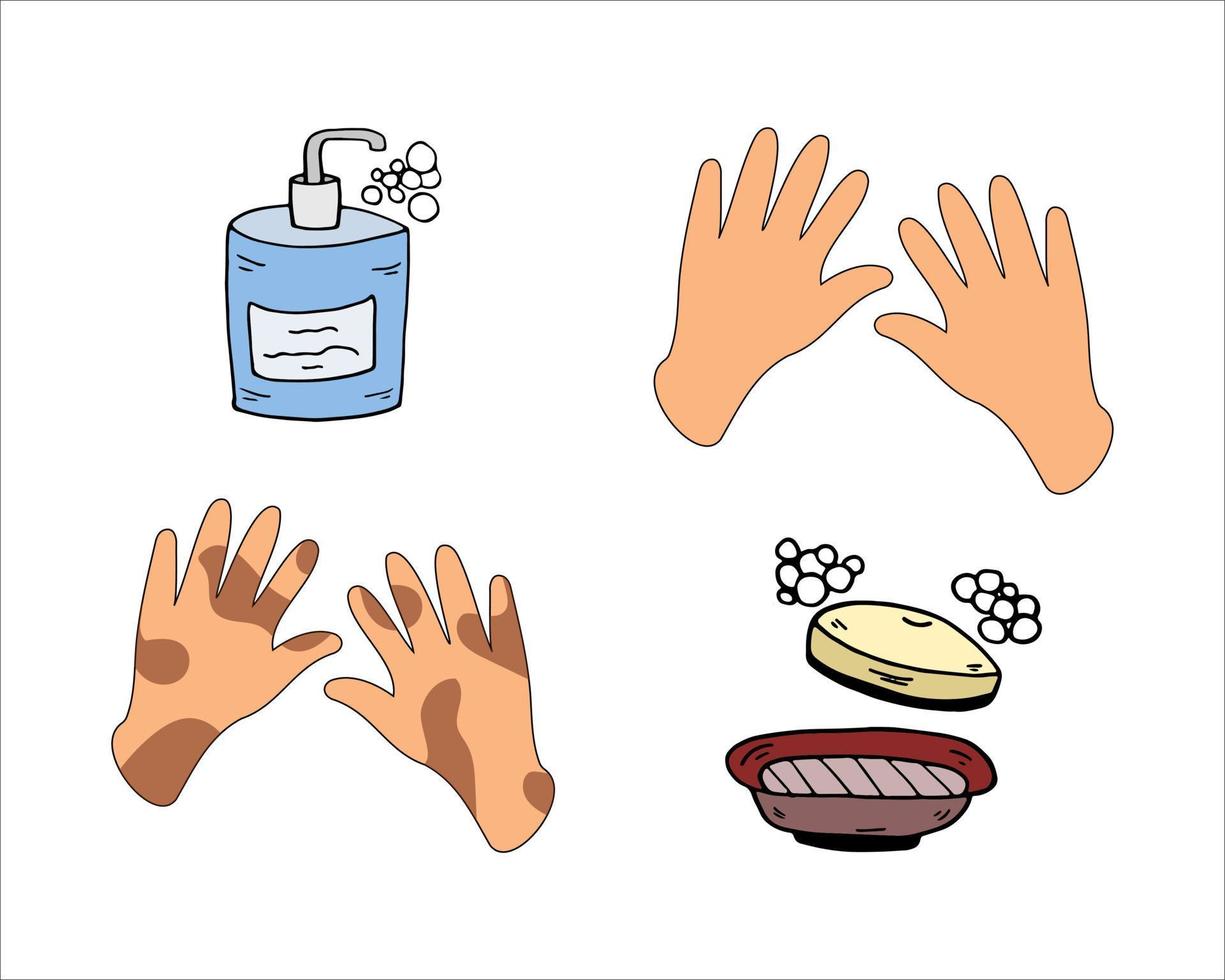 Clean and dirty hands poster in doodle style. Cleanliness of hands, veiny soap, bar soap, soap dish. vector