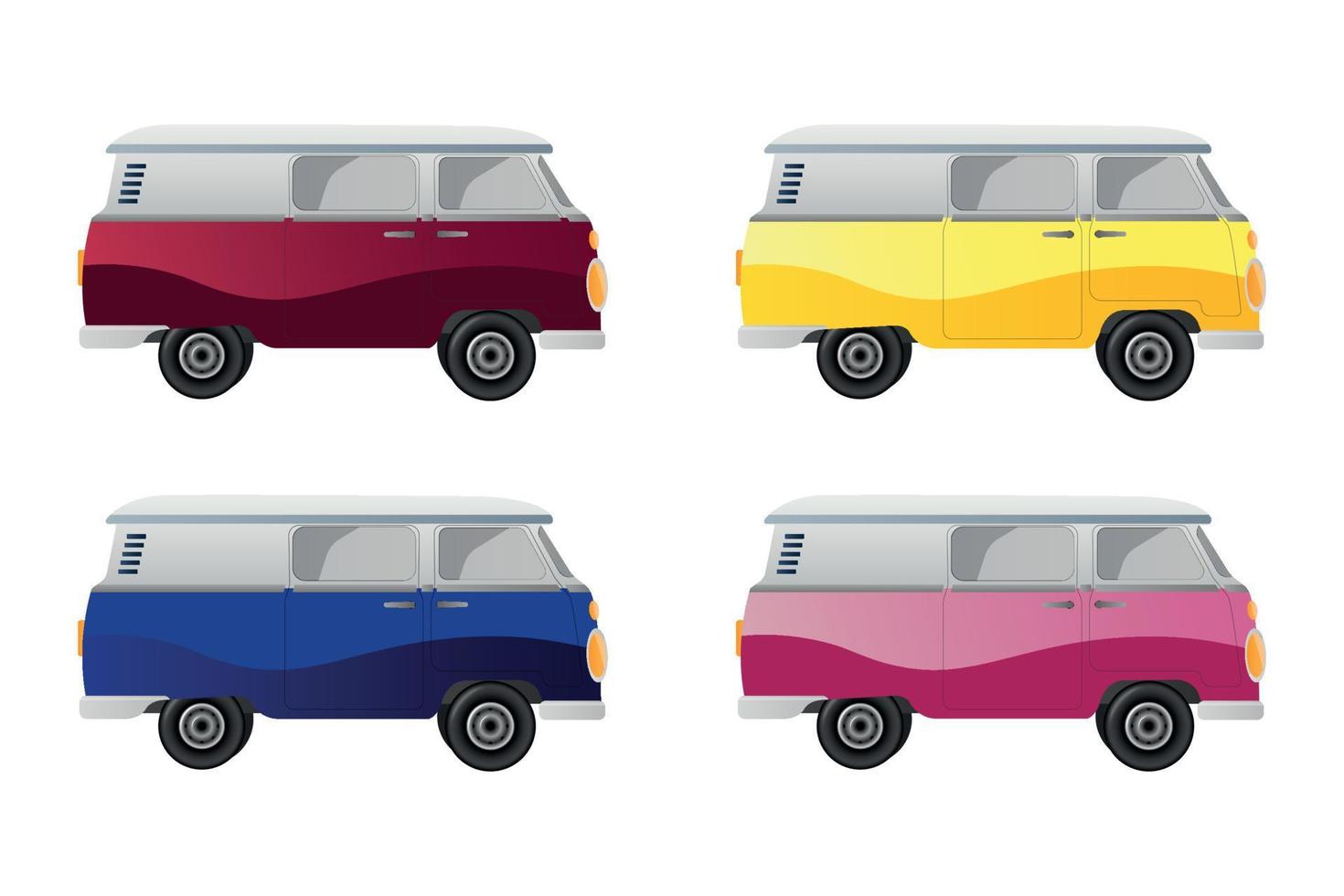 Set of van in different colors. Adventure cartoon illustrations vector