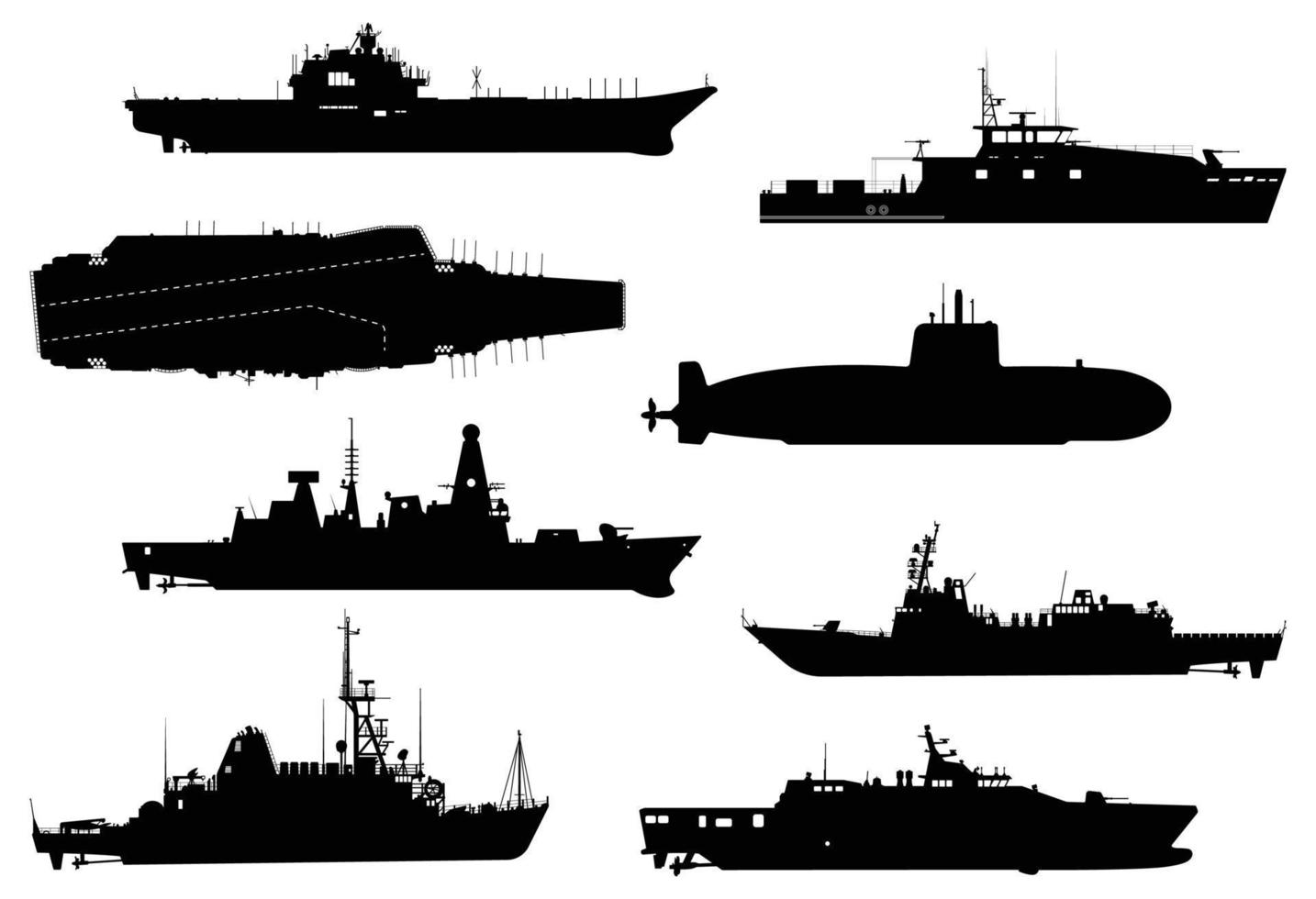 Military Warship Vessels Silhouette, Army Attack Craft Battleship boats Illustrations. vector