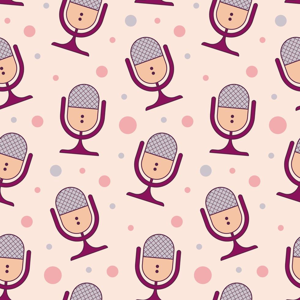 Microphones seamless pattern. World Radio Day, music day poster, colorful retro podcast background. Mics and dots in pink, gray and beige colors. vector