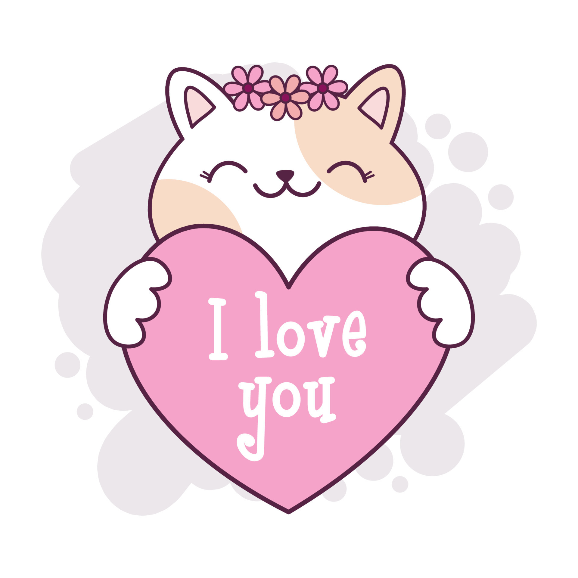 Cute kawaii cat holding a heart with the text I love you. Hand ...