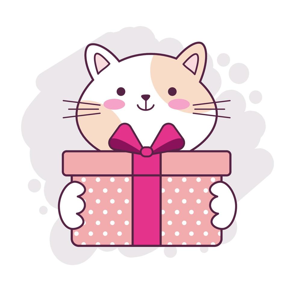 lindo gato kawaii sosteniendo una caja de regalo. ilustración de dibujos animados dibujada a mano para pegatinas, tarjetas de felicitación, deseos de cumpleaños, aniversario, feliz día de san valentín. vector