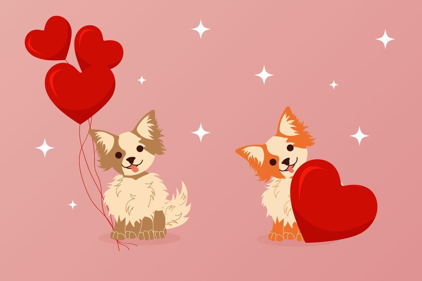 mascotas del día de san valentín. lindos perros de dibujos animados con globos en forma de corazón. vector